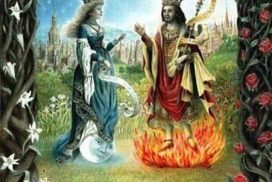 Imagen alquímica de un rey que preside un fuego frente a una reina que reina sobre una luna, unión de opuestos. 