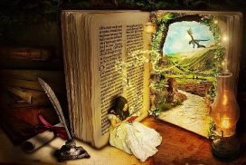 Una niña lee recostada en la página de un gran libro abierto que es un umbral a un reino fantástico. 