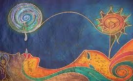 Dibujo abstracto en el que una mujer tumbada parece absorber el néctar de algo parecido a una planta por encima de ella.