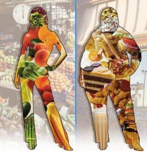 Dos siluetas una delgada dibujada con alimentos saludables, la otra gorda dibujada con alimentos poco saludables. 