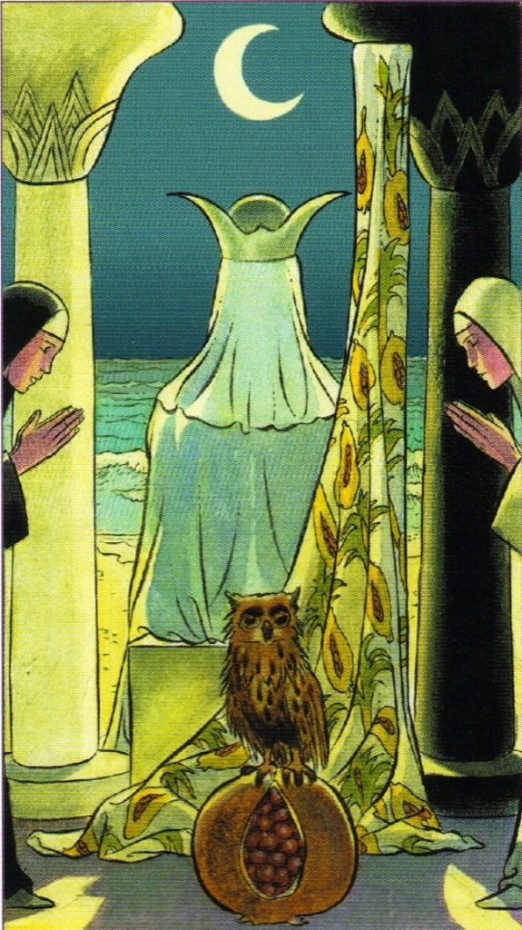 Carta de la sacerdotisa del Tarot vista desde atrás, la actitud de el darse cuenta facilita nuevas visiones de la realidad