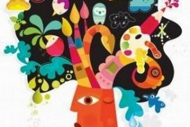 Imagen de un trabajo con niño interior e imaginación activa, una cabeza de la que brotan figuras, colores y formas. 