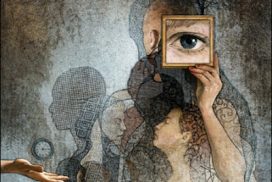 Perfiles humanos desdibujados en un ambiente gris sombrío, destaca un ojo que parece observar. 