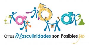  Dibujo de hombres que van pintando de diferentes colores el símbolo de lo masculino, metáfora de las nuevas masculinidades
