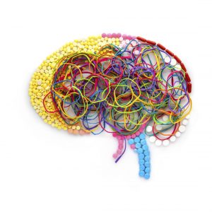 Diseño de un cerebro dibujado con cables simulando las conexiones neuronales a trabajar en el tratamiento de la ludopatía 