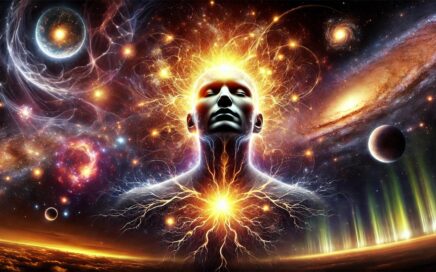 Busto humano, de su pecho emerge una luz que irradia hacia planetas y estrellas, metáfora de conciencia y espiritualidad.