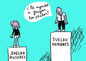 Un hombre con un sueldo mucho más elevado que una mujer le pregunta si le "ayuda" a fregar los platos. El micromachismo es violencia en la pareja. 