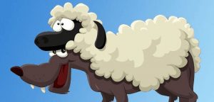 Dibujo de un lobo con piel de cordero, metáfora de violencia activa y pasiva