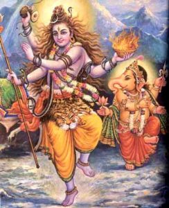 La deessa Kali ballant en un centre al voltant del qual hi ha nombrosos objectes, el déu Ganesha la mira 