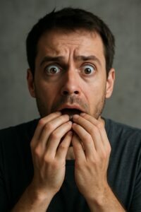 Rostro de un hombre que parece sufrir ansiedad y depresión. 