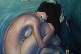 Dibujo de una mujer acurrucada, con la cabeza ladeada y ojos semi abiertos, en estado de hipnosis, imaginando cosas.