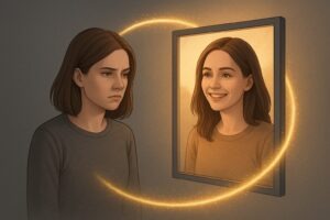 Una mujer se mira a un espejo que le devuelve una mirada sonriente. 