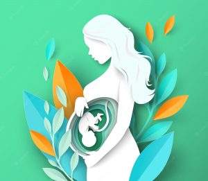 Un dibujo de una madre embarazada de perfil, en su barriga se señala la figura del feto.