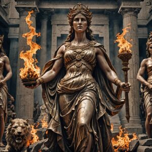 Estàtua de Hestia, la deessa grega de la llar, entre torxes i bols de foc