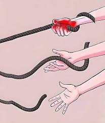 Tres viñetas del proceso de un brazo liberándose de una soga. Aprender a liberarnos de patrones antiguos de conducta 