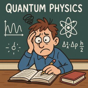 Un alumne estudiant un llibre de física quàntica amb cara de preocupació. 
