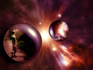 Dues esferes amb una persona i un desig en un univers, simulen el suposat vincle entre el que consta al llibre "El secret" i la ciència. 