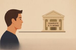 Un joven mira el templo de Apolo en Delfos, el autoconocimiento es imprescindible para el coaching nutricional. 
