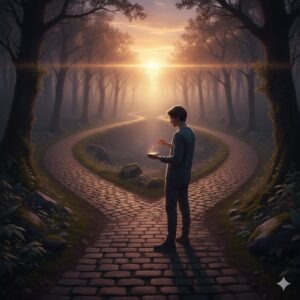 Un hombre joven ante una bifurcación de caminos en un paisaje oscuro pero con un sol en el horizonte. 