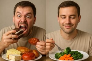 Dos versiones del mismo hombre, una comiendo con ansia, la otra con rostro complaciente y sereno. 
