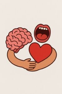 Dibujo de un abrazo entre corazón, cerebro y boca. 