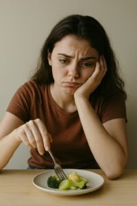 Una chica con cara de aburrida ante un plato de verdura, al no seguir un proceso de coaching nutricional. 