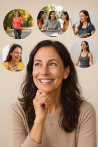 Mujer sonriente visualizando un cambio de vida sostenible y saludable. 