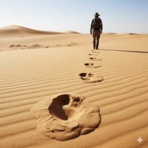 Un explorador deixa les seves petjades al desert.