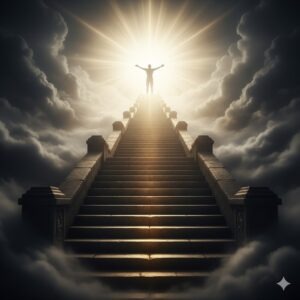 Un hombre al final de una escalera que se dirige desde la oscuridad a la luz. 
