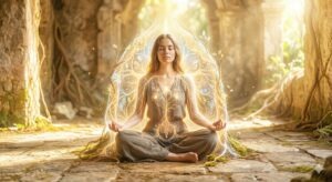Una mujer joven sentada meditando, practicando la conciencia somática. 