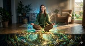 Una dona meditant imaginant que connecta amb la terra, un arbre i l'arrel d'aquest. És una pràctica de grounding psicològic.