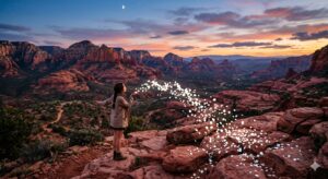 Una chica desprende resplandores brillantes en un horizonte sombrío. Metáfora del mindfulness en la cotidianeidad.