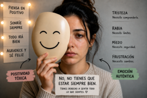 Una chica con cara de compungida se quita una máscara. A su alrededor, y escritos, distintos mandatos de la positividad tóxica