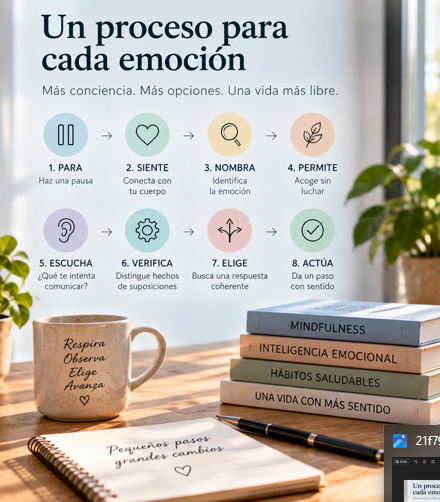 En una mesa cuatro libros, una taza y un cuaderno. En una pizarra un proceso estándar para regular las emociones