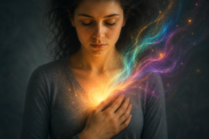 Una mujer en actitud meditativa reposa su mano derecha en su pecho izquierdo, el lugar del corazón, del que emanan rayos de colores.  