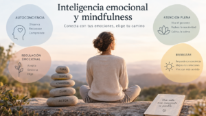 Una mujer sentada meditando basándose en los principios de inteligencia emocional y mindfulness que aparecen en cuatro bocadillos de viñeta. 