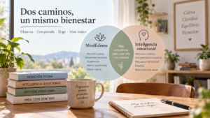 En una mesa una taza, un blog de notas y cuatro libros, uno sobre "atención plena", otro sobre "inteligencia emocional", el tercero sobre "gestión emocional" y el cuarto "vida con sentido". 