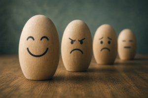 4 cilindros de madera con expresiones emocionales humanas, en primer plano alegría, en segundo enfado, en tercer plano tristeza y al fondo indiferencia. Representa las emociones reprimidas. 