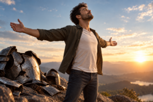 Un hombre respirando profundamente con los brazos abiertos. De fondo un sol naciente. Metáfora del nuevo vínculo entre hombres y emociones. 