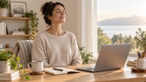 Una mujer en actitud meditativa sonriente en una mesa de trabajo.  