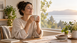 Una mujer con una taza en las manos y los ojos cerrados y cara de satisfacción. 