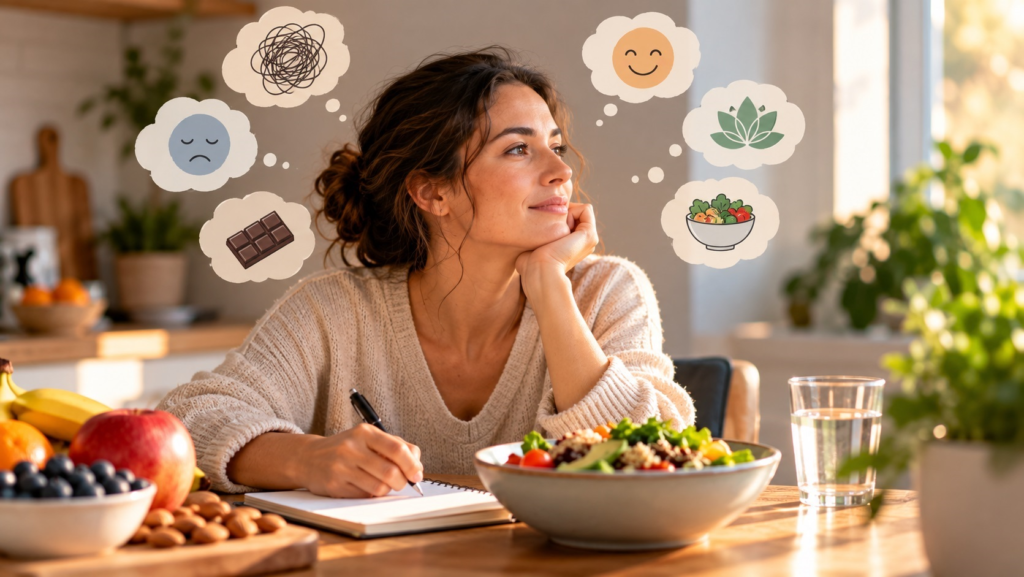 Una mujer en actitud reflexiva anotando sus pensamientos en una libreta. Es similar a un proceso de inteligencia emocional y coaching nutricional. 