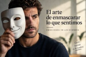 Imagen de un hombre quitándose una máscara, metáfora del vínculo entre hombres y emociones. 