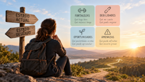 Una dona en un espai natural mirant a l'horitzó. A la seva esquerra un pal indicador marca dues adreces "Estat actual" i "Estat desitjat"