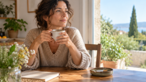 Una mujer tomando un café, esta pensativa en la fase de prepararse para dejar de fumar. 
