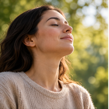Una mujer respirando profundamente con los ojos cerrados