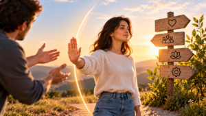 Mujer joven que, con un gesto de su mano, pone límites a un hombre. Metáfora de cómo cultivar la inteligencia emocional y autoestima, nos ayuda a no dejarnos invadir por intereses ajenos. 