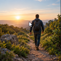 Un hombre andando por un sendero que se dirige hacia un horizonte con el sol naciente. 