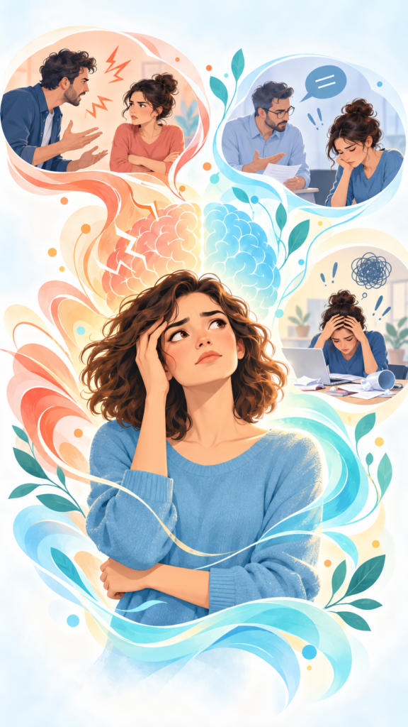 Chica joven en actitud pensativa, a su alrededor tres imágenes de situaciones problemáticas.