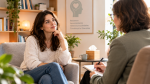 Mujer conversando con una psicoterapeuta. 